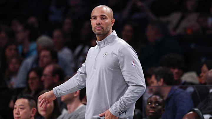 Mar 16, 2025; Brooklyn, New York, USA; Brooklyn Nets head coach Jordi Fernandez looks on during the first quarter against the Atlanta Hawks at Barclays Center. Mandatory Credit: Vincent Carchietta-Imagn Images Mar 16, 2025; Brooklyn, New York, USA; Brooklyn Nets head coach Jordi Fernandez looks on during the first quarter against the Atlanta Hawks at Barclays Center. Mandatory Credit: Vincent Carchietta-Imagn Images