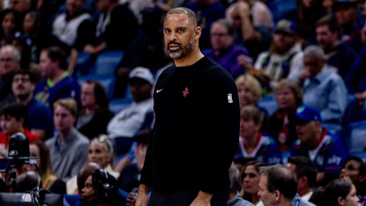 Mar 6, 2025; New Orleans, Louisiana, USA; Houston Rockets head coach Ime Udoka looks on against the New Orleans Pelicans during the first half at Smoothie King Center. Mandatory Credit: Stephen Lew-Imagn Images
