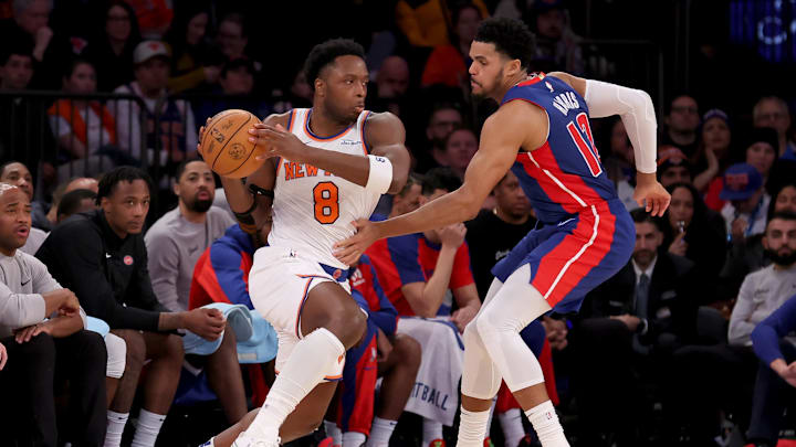New York Knicks forward OG Anunoby drives to the basket against Detroit Pistons forward Tobias Harris. Mandatory Credit: Brad Penner-Imagn Images