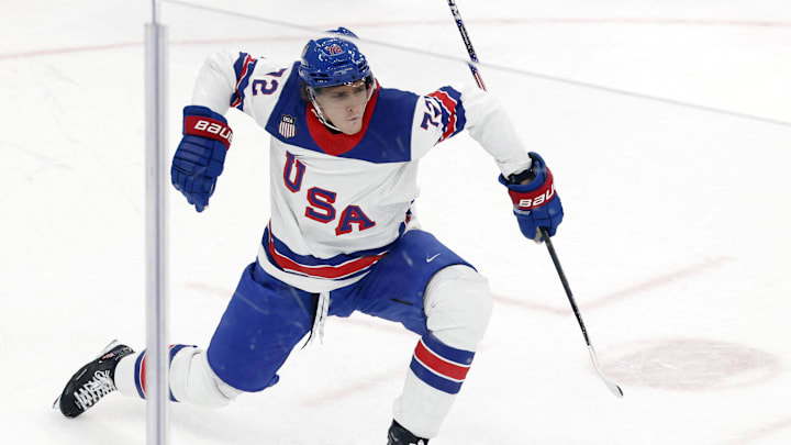 [US, Mexico & Canada customers only] Feb 20, 2026; Milan, Italy; Tage Thompson of United States celebrates scoring their second goal against Slovakia in a men's ice hockey semifinal during the Milano Cortina 2026 Olympic Winter Games at Milano Santagiulia Ice Hockey Arena. Mandatory Credit: David W Cerny/Reuters via Imagn Images