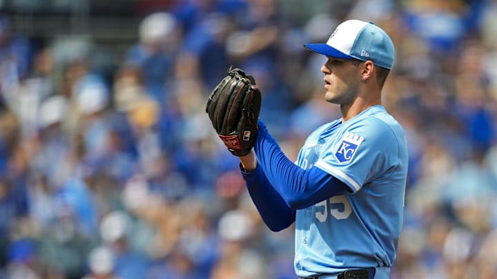 Mar 27, 2025; Kansas City, Missouri, USA; Kansas City Royals starting pitcher Cole Ragans (55) pitches during the first inning against the Cleveland Guardians at Kauffman Stadium. Mandatory Credit: Jay Biggerstaff-Imagn Images Mar 27, 2025; Kansas City, Missouri, USA; Kansas City Royals starting pitcher Cole Ragans (55) pitches during the first inning against the Cleveland Guardians at Kauffman Stadium. Mandatory Credit: Jay Biggerstaff-Imagn Images