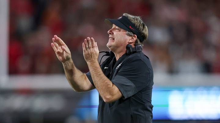 Nov 15, 2025; Athens, Georgia, USA; Georgia Bulldogs head coach Kirby Smart gestures in the first half against the Texas Longhorns at Sanford Stadium. Mandatory Credit: Brett Davis-Imagn Images