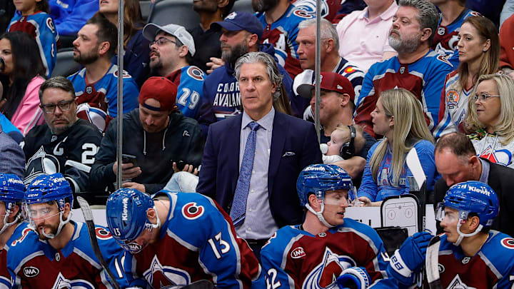Apr 9, 2026; Denver, Colorado, USA; Colorado Avalanche head coach Jared Bednar in the third period against the Calgary Flames at Ball Arena. Mandatory Credit: Isaiah J. Downing-Imagn Images