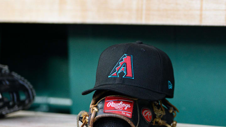 Apr 4, 2025; Washington, District of Columbia, USA; A detailed view of an Arizona Diamondbacks hat at the game between the Washington Nationals and the Arizona Diamondbacks at Nationals Park. Mandatory Credit: Reggie Hildred-Imagn Images