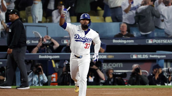 Oct 11, 2024; Los Angeles, California, USA; Los Angeles Dodgers outfielder Teoscar Hernandez (37) runs after hitting a solo home run in the seventh inning against the San Diego Padres during game five of the NLDS for the 2024 MLB Playoffs at Dodger Stadium. Mandatory Credit: Kiyoshi Mio-Imagn Images Oct 11, 2024; Los Angeles, California, USA; Los Angeles Dodgers outfielder Teoscar Hernandez (37) runs after hitting a solo home run in the seventh inning against the San Diego Padres during game five of the NLDS for the 2024 MLB Playoffs at Dodger Stadium. Mandatory Credit: Kiyoshi Mio-Imagn Images