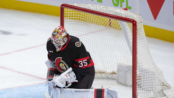 Oct 5, 2024; Ottawa, Ontario, CAN; Ottawa Senators goalie Linus Ullmark (35) makes a save in the third period against the Montreal Canadiens at the Canadian Tire Centre. Mandatory Credit: Marc DesRosiers-Imagn Images
