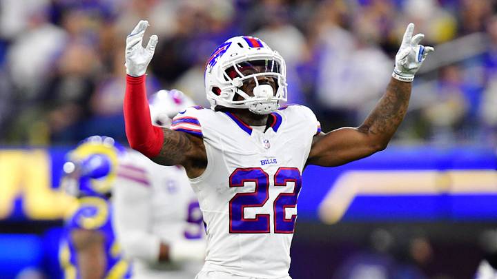 Oct 12, 2026; Inglewood, California, USA; Buffalo Bills safety C.J. Gardner-Johnson (22) reacts after a play during the second quarter against the Los Angeles Rams at SoFi Stadium. Oct 12, 2026; Inglewood, California, USA; Buffalo Bills safety C.J. Gardner-Johnson (22) reacts after a play during the second quarter against the Los Angeles Rams at SoFi Stadium.