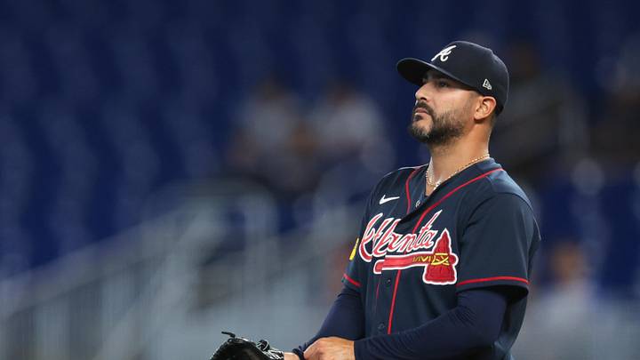 May 19, 2026; Miami, Florida, USA; Atlanta Braves pitcher Martin Perez (33) looks on against the Miami Marlins during the first inning at loanDepot Park. Mandatory Credit: Sam Navarro-Imagn Images