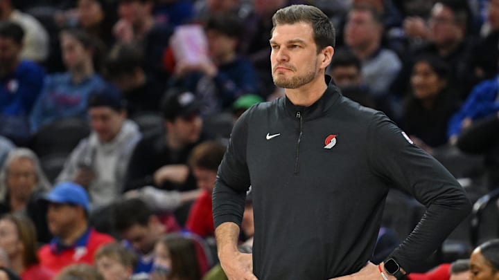 Mar 15, 2026; Philadelphia, Pennsylvania, USA; Portland Trail Blazers head coach Tiago Splitter. Mandatory Credit: Eric Hartline-Imagn Images