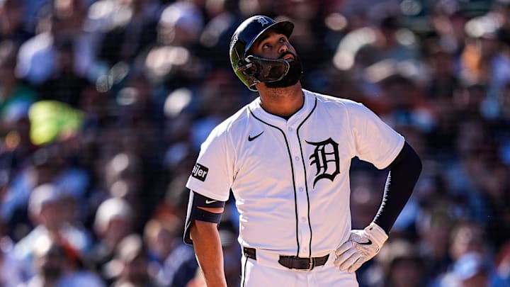 Detroit Tigers left fielder Riley Greene (31) reacts after batting a foul ball against Mariners during the second inning of Game 4 of ALDS at Comerica Park in Detroit on Wednesday, Oct. 8, 2025