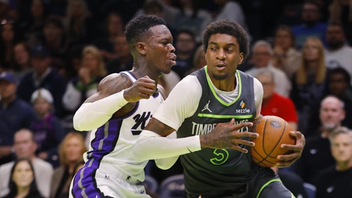Nov 14, 2025; Minneapolis, Minnesota, USA; Minnesota Timberwolves forward Jaden McDaniels (3) works around Sacramento Kings guard Dennis Schroder (17) in the first quarter at Target Center. Mandatory Credit: Bruce Kluckhohn-Imagn Images Nov 14, 2025; Minneapolis, Minnesota, USA; Minnesota Timberwolves forward Jaden McDaniels (3) works around Sacramento Kings guard Dennis Schroder (17) in the first quarter at Target Center. Mandatory Credit: Bruce Kluckhohn-Imagn Images
