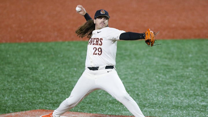 Oregon State's Albert Roblez pitches the ball during an NCAA college baseball game at Goss Stadium on Friday, March 6, 2026, in Corvallis, Ore.