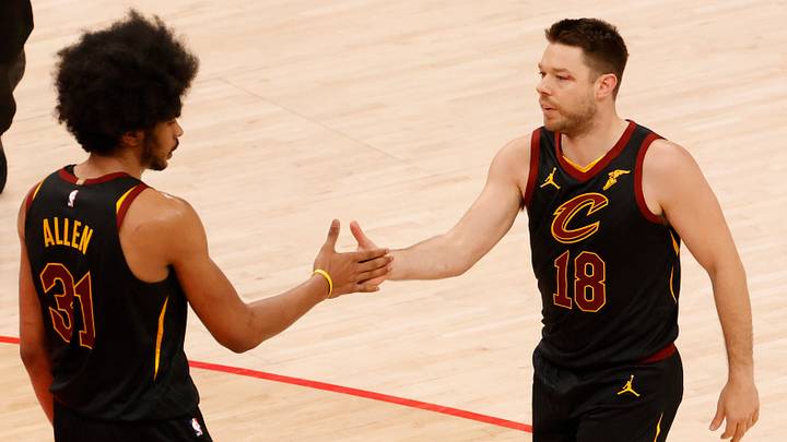 Apr 25, 2021; Washington, District of Columbia, USA; Cleveland Cavaliers center Jarrett Allen (31) celebrates with Cavaliers guard Matthew Dellavedova (18) after scoring while being fouled against the Washington Wizards in the fourth quarter at Capital One Arena. Mandatory Credit: Geoff Burke-USA TODAY Sports Apr 25, 2021; Washington, District of Columbia, USA; Cleveland Cavaliers center Jarrett Allen (31) celebrates with Cavaliers guard Matthew Dellavedova (18) after scoring while being fouled against the Washington Wizards in the fourth quarter at Capital One Arena. Mandatory Credit: Geoff Burke-USA TODAY Sports