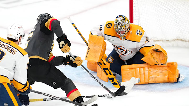 Jan 15, 2024; Las Vegas, Nevada, USA; Nashville Predators goaltender Juuse Saros (74) makes a save