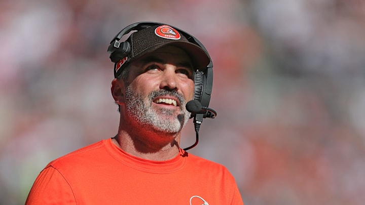 Cleveland Browns head coach Kevin Stefanski is all smiles as he watches running back Nick Chubb score a touchdown during the first half of an NFL football game at Huntington Bank Field, Sunday, Oct. 20, 2024, in Cleveland, Ohio.