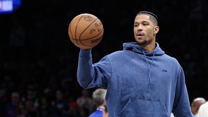 Mar 20, 2026; Brooklyn, New York, USA; New York Knicks guard Josh Hart (3) during a time out in the first half against the Brooklyn Nets at Barclays Center. Mandatory Credit: Vincent Carchietta-Imagn Images