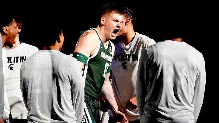 Michigan State forward Jaxon Kohler (0) yells getting excited during team player introductions during 2026 NCAA Men's Basketball East Regional game against UConn at Capital One Arena in Washington DC on Friday, March 27, 2026. Michigan State forward Jaxon Kohler (0) yells getting excited during team player introductions during 2026 NCAA Men's Basketball East Regional game against UConn at Capital One Arena in Washington DC on Friday, March 27, 2026.