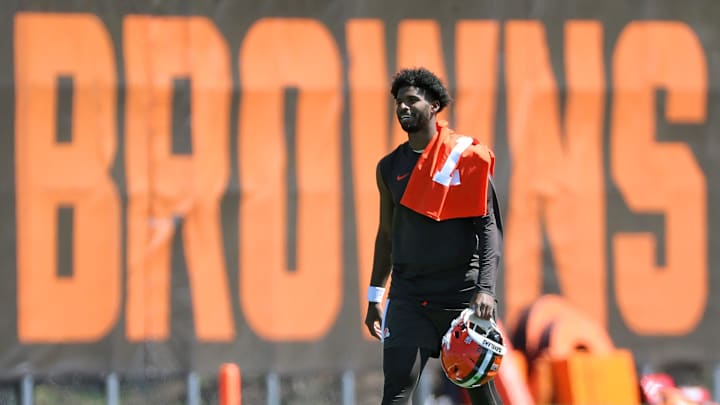 Cleveland Browns quarterback Shedeur Sanders (12) heads off the field after the first day of NFL rookie minicamp at the Cleveland Browns training facility on Friday, May 9, 2025, in Berea, Ohio.