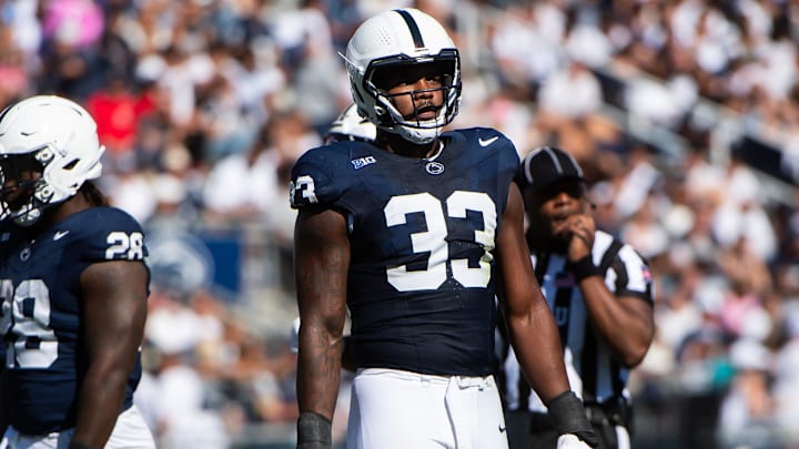 Penn State defensive end Dani Dennis-Sutton (33) in the first half of an NCAA football game against Nevada, Saturday, August 30, 2025, in State College, Pa.
