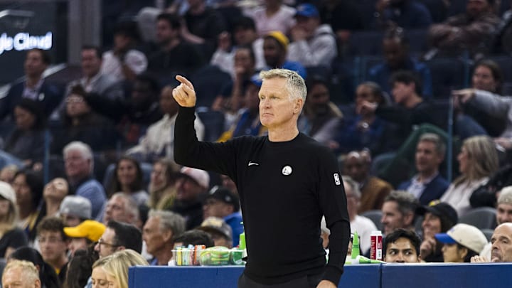 Oct 8, 2025; San Francisco, California, USA; Golden State Warriors Head Coach Steve Kerr gestures during the first quarter against the Portland Trail Blazers at Chase Center. Mandatory Credit: John Hefti-Imagn Images Oct 8, 2025; San Francisco, California, USA; Golden State Warriors Head Coach Steve Kerr gestures during the first quarter against the Portland Trail Blazers at Chase Center. Mandatory Credit: John Hefti-Imagn Images