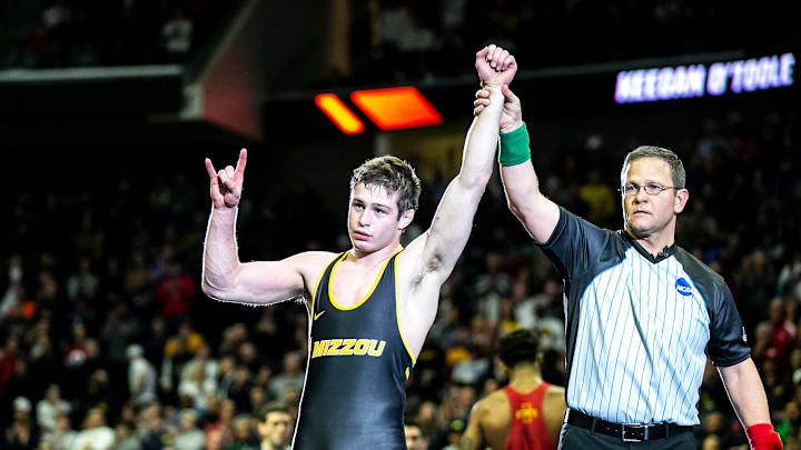 Missouri's Keegan O'Toole celebrates after his match against Iowa State's David Carr at 165 pounds in the finals during the sixth session of the NCAA Division I Wrestling Championships, Saturday, March 18, 2023, at BOK Center in Tulsa, Okla.

230318 Ncaa Final Wr 004 Jpg

Syndication The Des Moines Register
