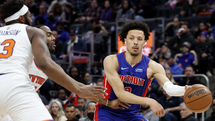 Mar 27, 2022; Detroit, Michigan, USA;  Detroit Pistons guard Cade Cunningham (2) passes in the second half against the New York Knicks at Little Caesars Arena. Mandatory Credit: Rick Osentoski-Imagn Images