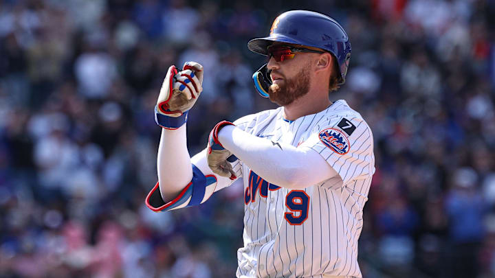 Apr 20, 2025; New York City, New York, USA; New York Mets left fielder Brandon Nimmo (9) reacts after hitting an RBI single during the seventh inning against the St. Louis Cardinals at Citi Field. Mandatory Credit: Vincent Carchietta-Imagn Images
