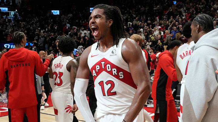 Dec 29, 2025; Toronto, Ontario, CAN; Toronto Raptors forward Collin Murray-Boyles (12) reacts after a win over the Orlando Magic at Scotiabank Arena. Mandatory Credit: John E. Sokolowski-Imagn Images Dec 29, 2025; Toronto, Ontario, CAN; Toronto Raptors forward Collin Murray-Boyles (12) reacts after a win over the Orlando Magic at Scotiabank Arena. Mandatory Credit: John E. Sokolowski-Imagn Images