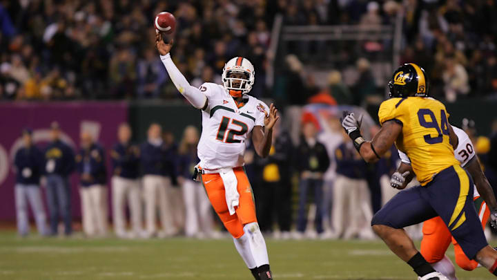 Dec. 27, 2008; San Francisco, CA, USA; Miami Hurricanes quarterback Jacory Harris (12) passes the ball during the second quarter in the 2008 Emerald Bowl against the California Golden Bears at AT&T Park in San Francisco, CA. Mandatory Credit: Phil Carter-USA TODAY Sports