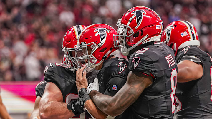 Sep 17, 2023; Atlanta, Georgia, USA; Atlanta Falcons quarterback Desmond Ridder (9) reacts with