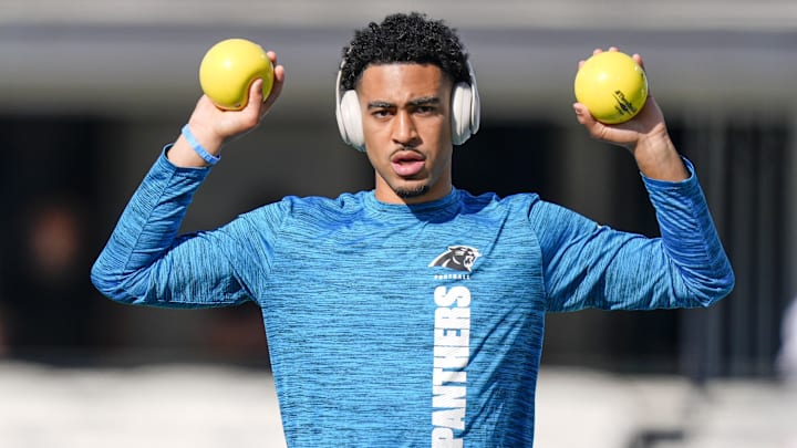 Nov 24, 2024; Charlotte, North Carolina, USA; Carolina Panthers quarterback Bryce Young (9) during pregame warmups against the Kansas City Chiefs at Bank of America Stadium. Mandatory Credit: Jim Dedmon-Imagn Images Nov 24, 2024; Charlotte, North Carolina, USA; Carolina Panthers quarterback Bryce Young (9) during pregame warmups against the Kansas City Chiefs at Bank of America Stadium. Mandatory Credit: Jim Dedmon-Imagn Images