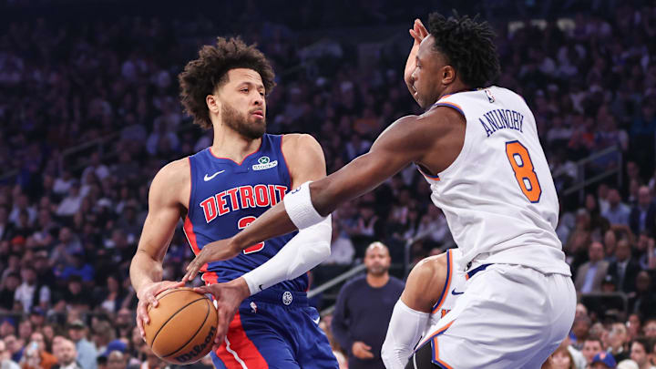 Apr 19, 2025; New York, New York, USA; Detroit Pistons guard Cade Cunningham (2) looks to drive past New York Knicks forward OG Anunoby (8) in Game One of the First Round of the NBA Playoffs at Madison Square Garden. Mandatory Credit: Wendell Cruz-Imagn Images