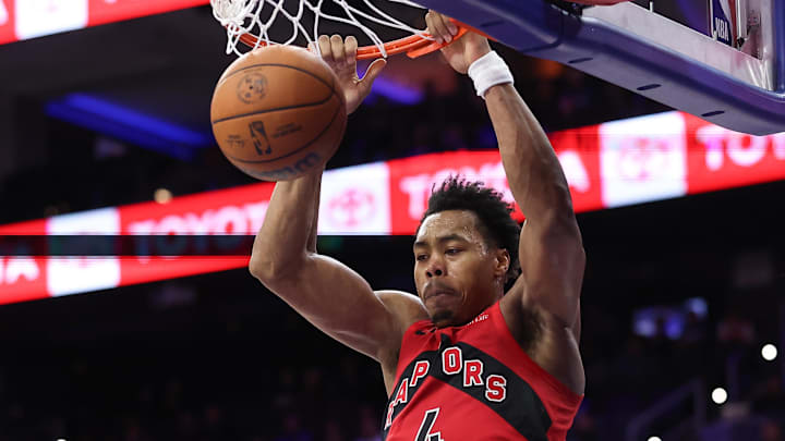Toronto Raptors forward Scottie Barnes dunks the ball against the Philadelphia 76ers.