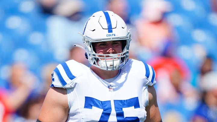 Aug 13, 2022; Orchard Park, New York, USA; Indianapolis Colts guard Will Fries (75) prior to the game against the Buffalo Bills at Highmark Stadium. Mandatory Credit: Gregory Fisher-Imagn Images