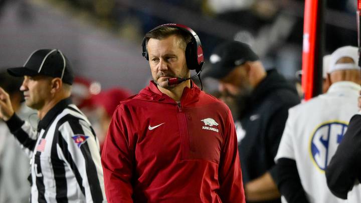 Oct 17, 2026; Nashville, Tennessee, USA;  Arkansas Razorbacks head coach Ryan Silverfield paces the sidelines against the Vanderbilt Commodores during the first half at FirstBank Stadium.  Mandatory Credit: Steve Roberts-Imagn Images