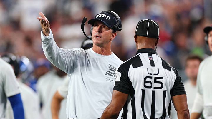 Sep 13, 2026; East Rutherford, New Jersey, USA; New York Giants head coach John Harbaugh reacts after a play against the Dallas Cowboys during the second quarter at MetLife Stadium. Sep 13, 2026; East Rutherford, New Jersey, USA; New York Giants head coach John Harbaugh reacts after a play against the Dallas Cowboys during the second quarter at MetLife Stadium.