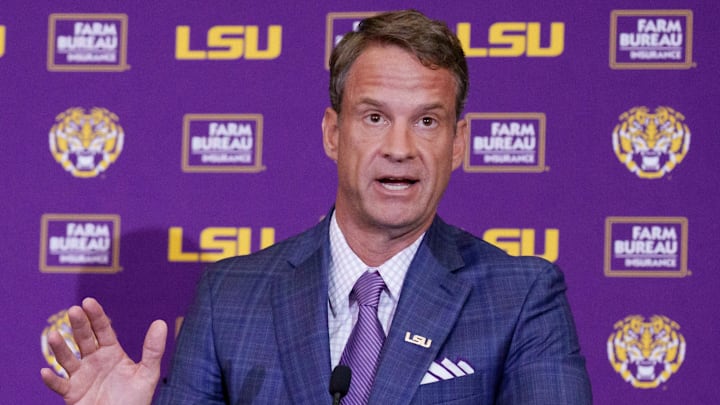 Dec 1, 2025; Baton Rouge, LA, USA; LSU new head coach Lane Kiffin speaks at South Stadium Club at Tiger Stadium. Mandatory Credit: Matthew Hinton-Imagn Images