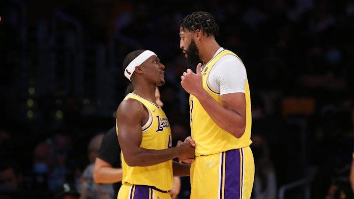 Oct 19, 2021; Los Angeles, California, USA; Los Angeles Lakers guard Rajon Rondo (4) and forward