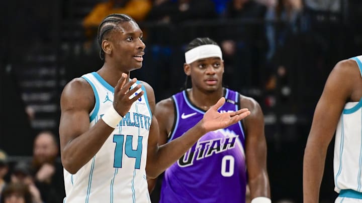 Jan 10, 2026; Salt Lake City, Utah, USA; Charlotte Hornets forward Moussa Diabaté (14) reacts to a call against him during the first half against the Utah Jazz at Delta Center. Mandatory Credit: Peter Creveling-Imagn Images