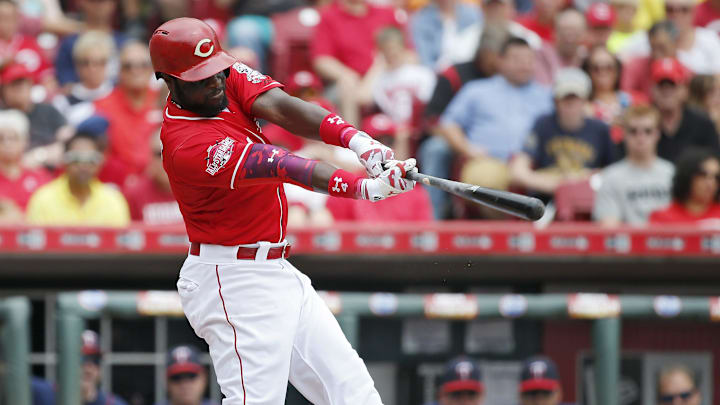 Cincinnati Reds second baseman Brandon Phillips (4) doubles in the third inning against the Minnesota Twins on July 1, 2015, at Great American Ball Park.