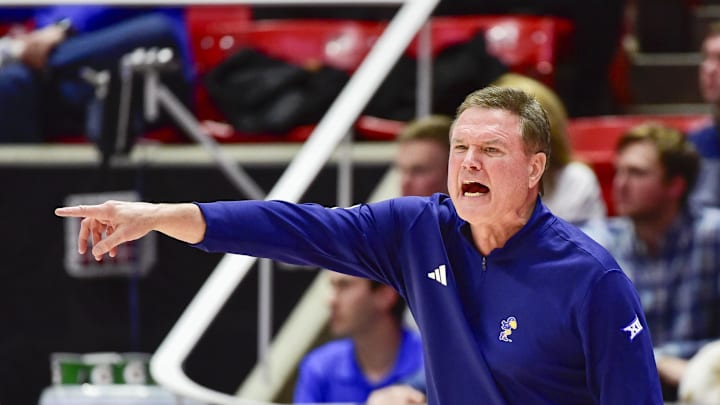 Feb 15, 2025; Salt Lake City, Utah, USA; Kansas Jayhawks head coach Bill Self calls a play against the Utah Utes during the second half at the Jon M. Huntsman Center. Mandatory Credit: Christopher Creveling-Imagn Images