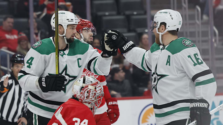 Jan 23, 2024; Detroit, Michigan, USA;  Dallas Stars defenseman Miro Heiskanen (4) receives