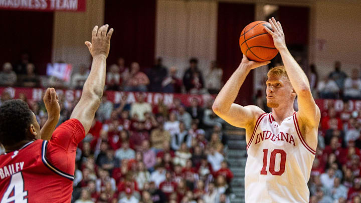 Indiana's Luke Goode (10) shoots over Rutgers' Ace Bailey (4) during the Indiana versus Rutgers men's basketball game at Simon Skjodt Assembly Hall on Thursday, Jan. 2, 2025.