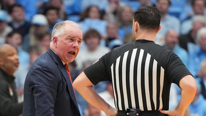 Feb 28, 2026; Chapel Hill, North Carolina, USA; Virginia Tech Hokies head coach Mike Young talks with the official in the first half at Dean E. Smith Center. Mandatory Credit: Bob Donnan-Imagn Images