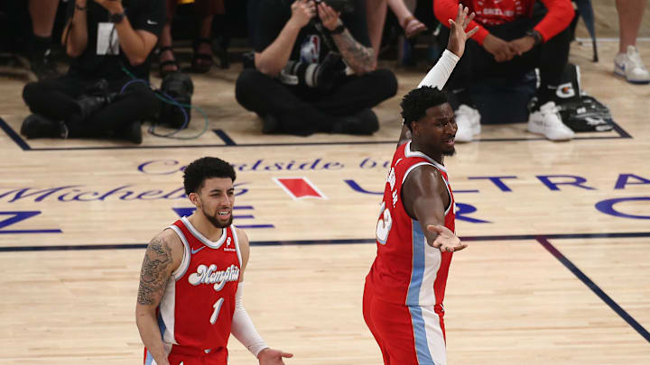 Apr 26, 2025; Memphis, Tennessee, USA; Memphis Grizzlies guard Scotty Pippen Jr. (1) and forward Jaren Jackson Jr. (13) react during the second quarter against the Oklahoma City Thunder during game four for the first round of the 2024 NBA Playoffs at FedExForum. Mandatory Credit: Petre Thomas-Imagn Images Apr 26, 2025; Memphis, Tennessee, USA; Memphis Grizzlies guard Scotty Pippen Jr. (1) and forward Jaren Jackson Jr. (13) react during the second quarter against the Oklahoma City Thunder during game four for the first round of the 2024 NBA Playoffs at FedExForum. Mandatory Credit: Petre Thomas-Imagn Images
