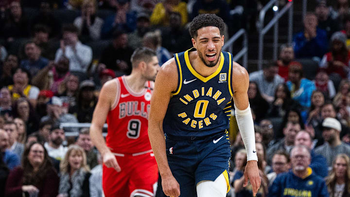 Jan 8, 2025; Indianapolis, Indiana, USA; Indiana Pacers guard Tyrese Haliburton (0) celebrates a basket in the first half against the Chicago Bulls at Gainbridge Fieldhouse. Mandatory Credit: Trevor Ruszkowski-Imagn Images Jan 8, 2025; Indianapolis, Indiana, USA; Indiana Pacers guard Tyrese Haliburton (0) celebrates a basket in the first half against the Chicago Bulls at Gainbridge Fieldhouse. Mandatory Credit: Trevor Ruszkowski-Imagn Images