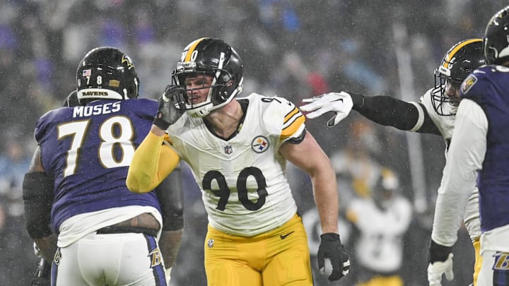 Jan 6, 2024; Baltimore, Maryland, USA;  Pittsburgh Steelers linebacker T.J. Watt (90) reacts after sacking Baltimore Ravens quarterback Tyler Huntley (2) in the third quarter  at M&T Bank Stadium. Mandatory Credit: Tommy Gilligan-Imagn Images
