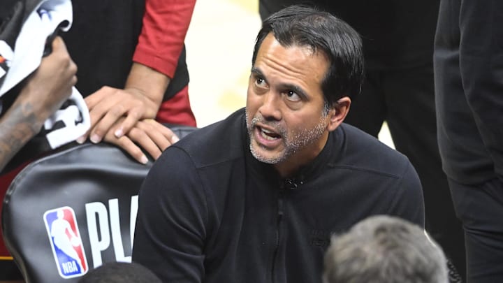 Apr 20, 2025; Cleveland, Ohio, USA; Miami Heat head coach Erik Spoelstra speaks to his team during a timeout in the fourth quarter against the Cleveland Cavaliers at Rocket Arena. Mandatory Credit: David Richard-Imagn Images Apr 20, 2025; Cleveland, Ohio, USA; Miami Heat head coach Erik Spoelstra speaks to his team during a timeout in the fourth quarter against the Cleveland Cavaliers at Rocket Arena. Mandatory Credit: David Richard-Imagn Images