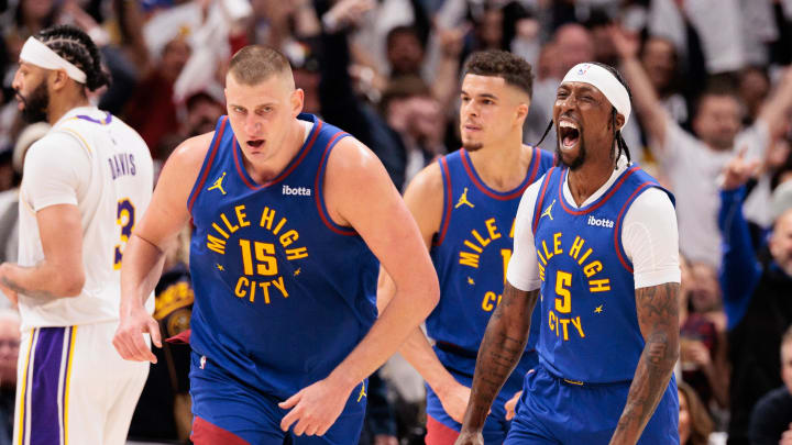 Apr 20, 2024; Denver, Colorado, USA; Denver Nuggets guard Kentavious Caldwell-Pope (5) reacts during the third quarter against the Los Angeles Lakers in game one of the first round for the 2024 NBA playoffs at Ball Arena. Mandatory Credit: Andrew Wevers-USA TODAY Sports Apr 20, 2024; Denver, Colorado, USA; Denver Nuggets guard Kentavious Caldwell-Pope (5) reacts during the third quarter against the Los Angeles Lakers in game one of the first round for the 2024 NBA playoffs at Ball Arena. Mandatory Credit: Andrew Wevers-USA TODAY Sports