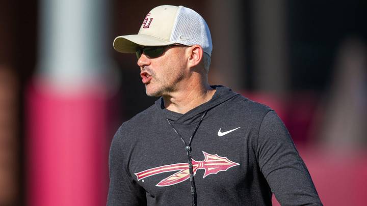 Florida State head coach Mike Norvell leads practice Thursday, April 9, 2026.